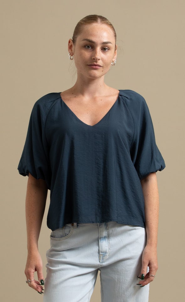 Rayon Puff Sleeve V Neck Top Charcoal