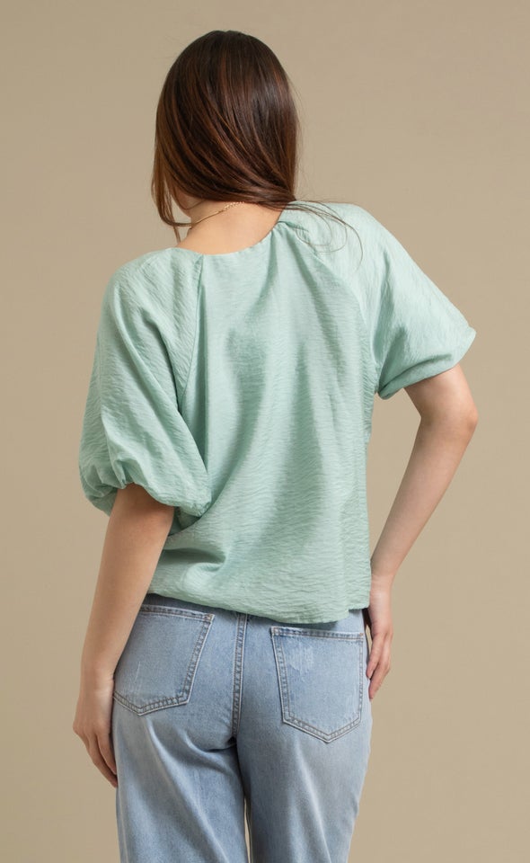 Rayon Puff Sleeve V Neck Top Sage