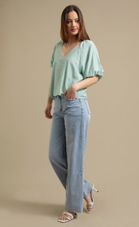 Rayon Puff Sleeve V Neck Top Sage