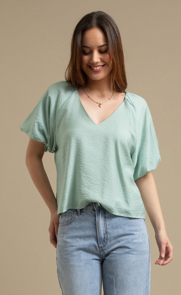 Rayon Puff Sleeve V Neck Top Sage