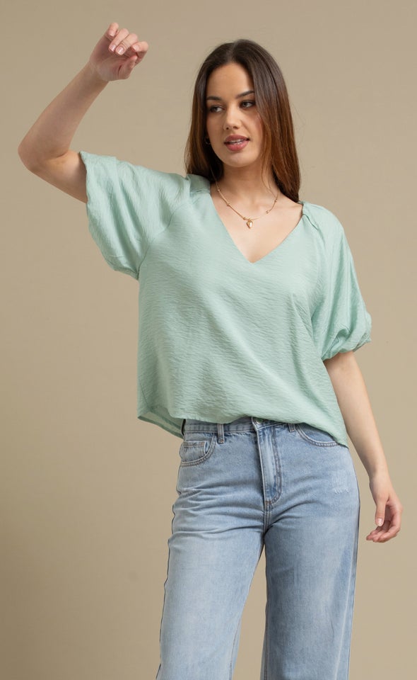 Rayon Puff Sleeve V Neck Top Sage