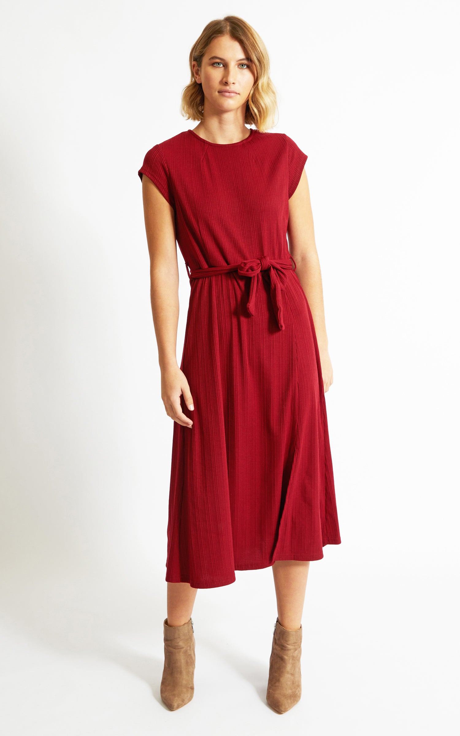 belted midi dress with sleeves