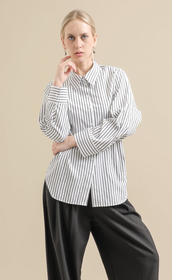 Ruched Detail Striped Shirt White/black