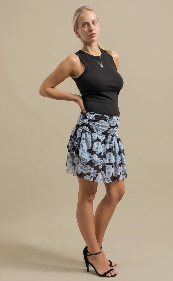 Ruched Mesh Tiered Mini Skirt Black/blue Floral