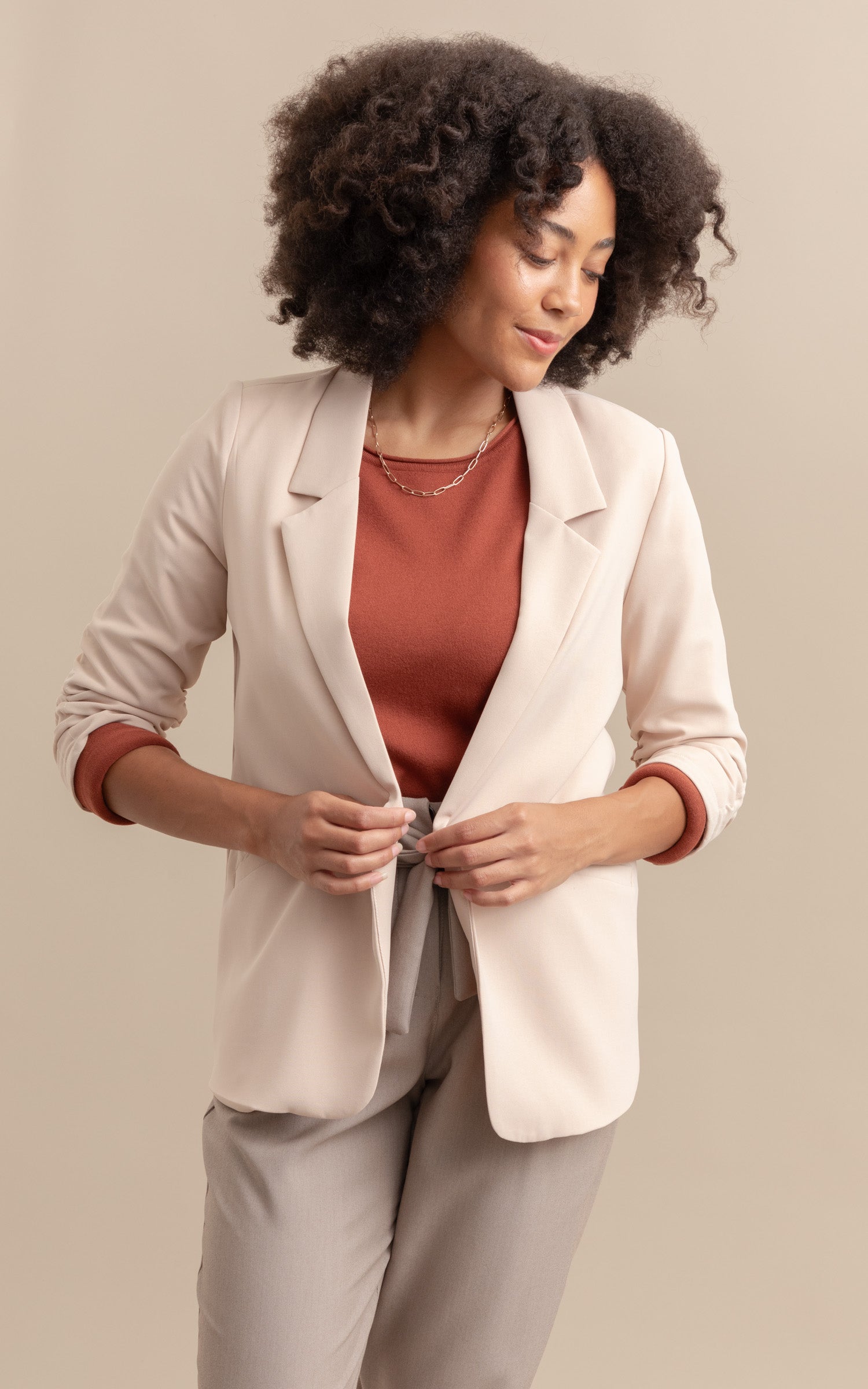 Beige ruched hotsell sleeve blazer