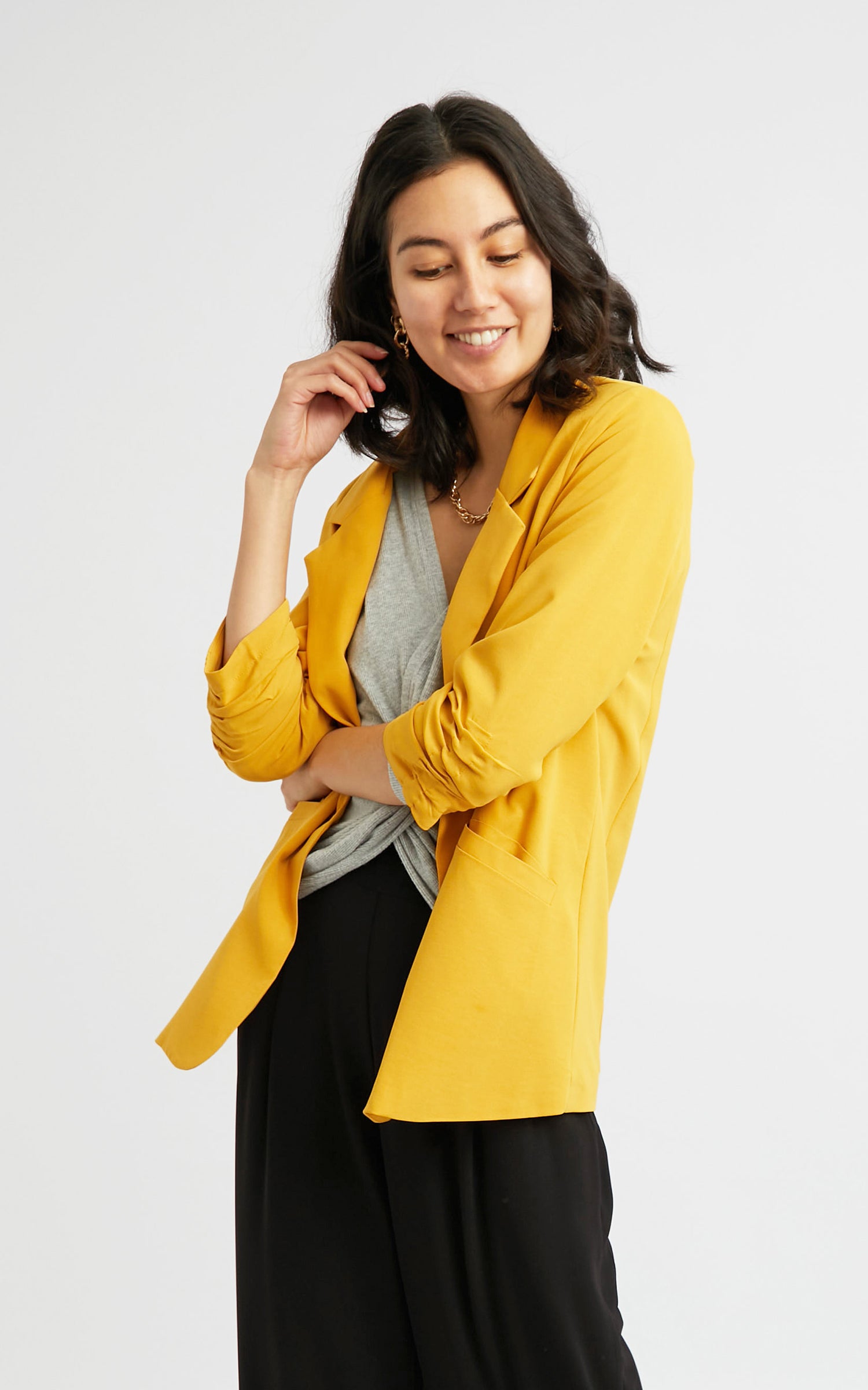 Yellow ruched clearance sleeve blazer