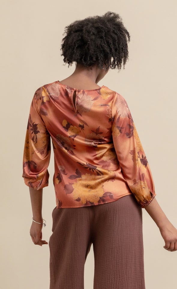 Satin 3/4 Sleeve Shell Top Rust/ochre