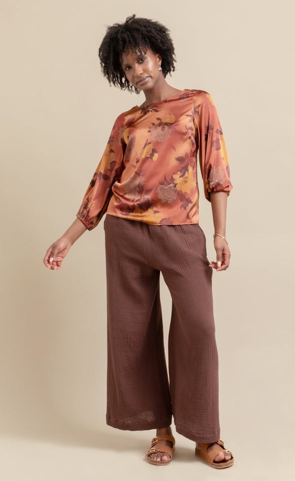 Satin 3/4 Sleeve Shell Top Rust/ochre