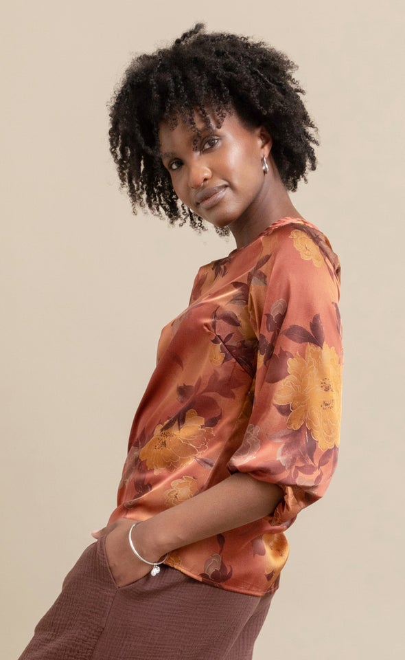 Satin 3/4 Sleeve Shell Top Rust/ochre