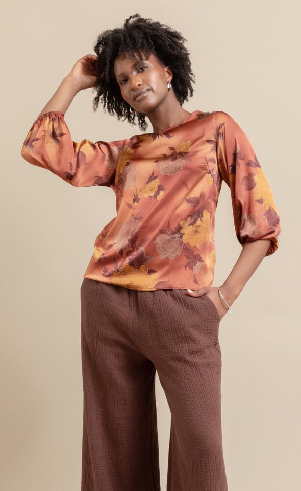 Satin 3/4 Sleeve Shell Top Rust/ochre