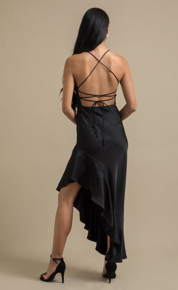 Satin Asymmetric Cross Back Gown Black