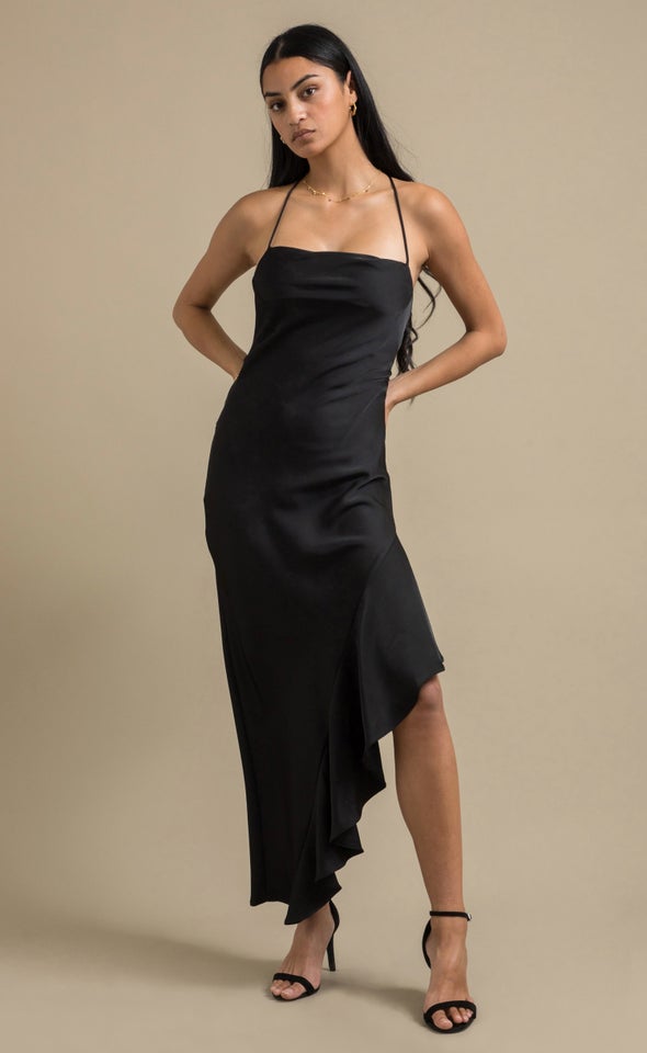 Satin Asymmetric Cross Back Gown Black