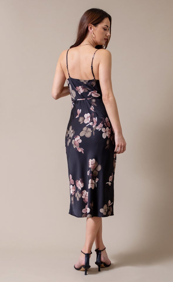 Satin Bias Cowl Slip Dress Black/floral