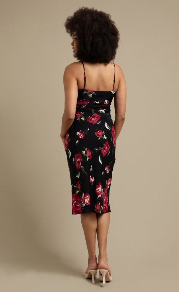 Satin Bias Cowl Slip Dress Black/floral