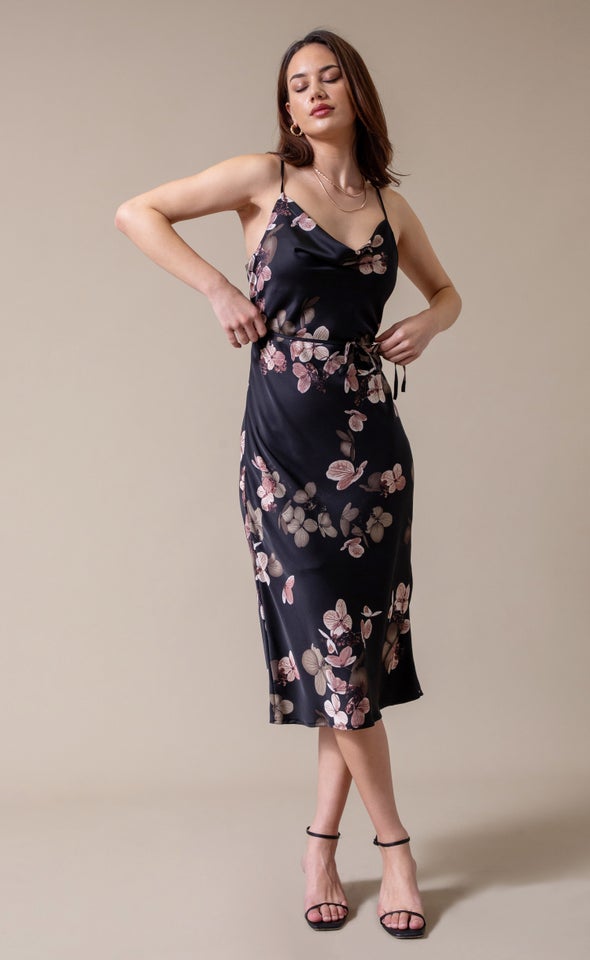 Satin Bias Cowl Slip Dress Black/floral