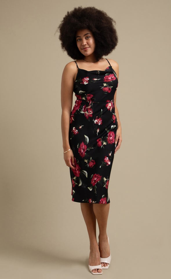 Satin Bias Cowl Slip Dress Black/floral