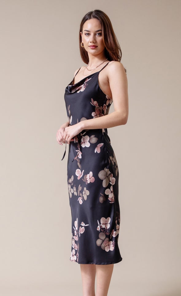 Satin Bias Cowl Slip Dress Black/floral