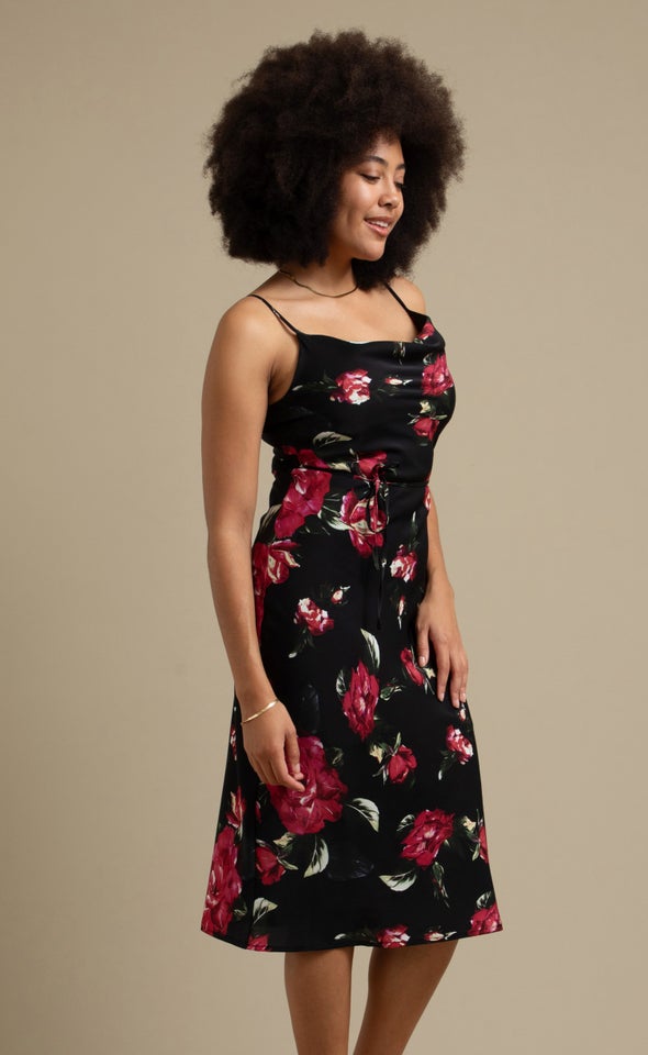 Satin Bias Cowl Slip Dress Black/floral