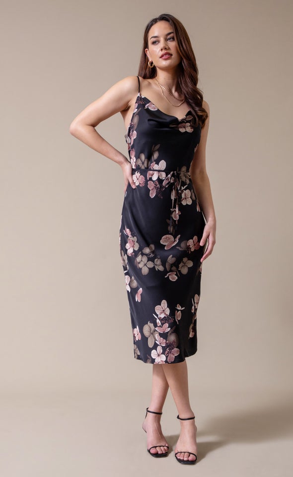 Satin Bias Cowl Slip Dress Black/floral