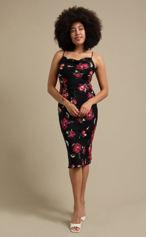 Satin Bias Cowl Slip Dress Black/floral