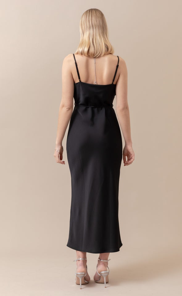 Satin Bias Cowl Slip Gown Black