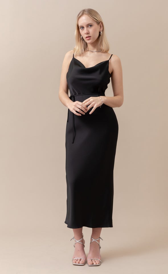 Satin Bias Cowl Slip Gown Black