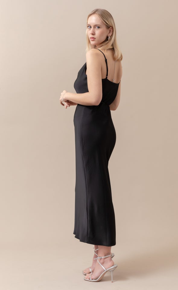 Satin Bias Cowl Slip Gown Black