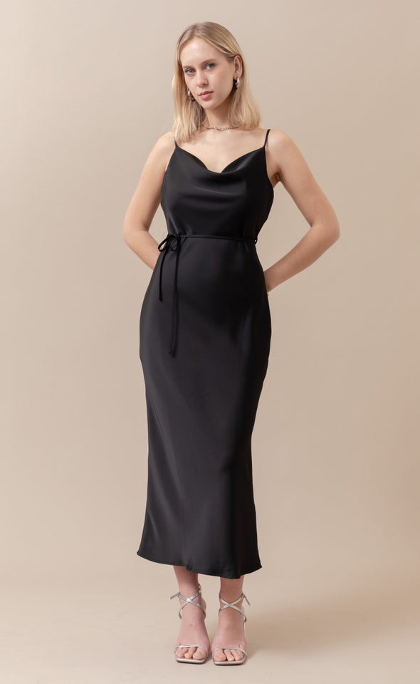 Satin Bias Cowl Slip Gown Black