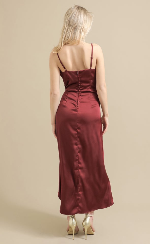 Satin Bias Pleat Detail Gown Aubergine