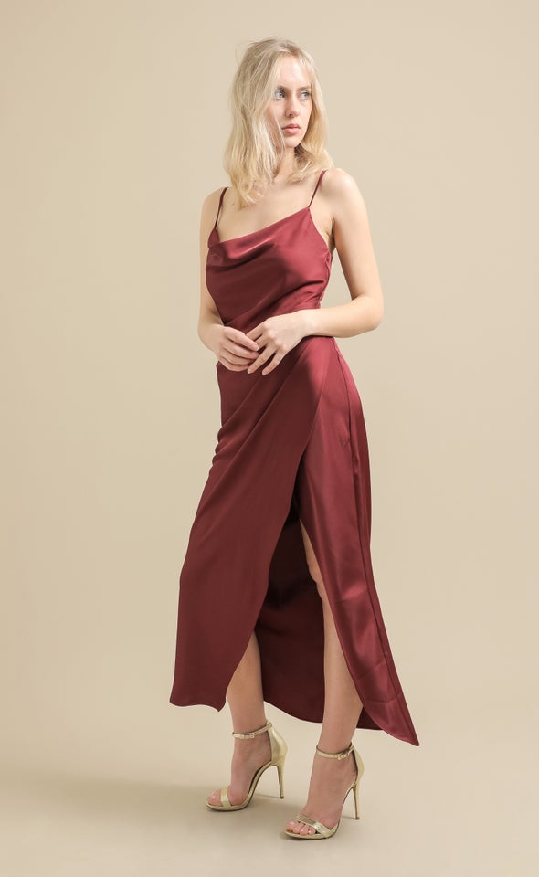 Satin Bias Pleat Detail Gown Aubergine