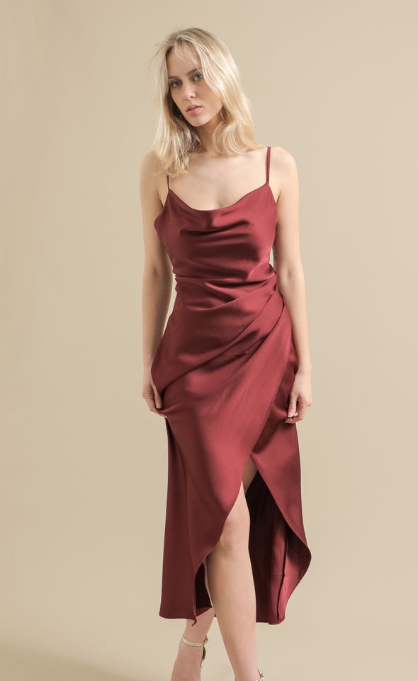 Satin Bias Pleat Detail Gown Aubergine