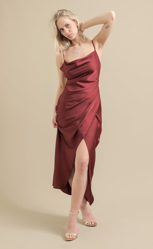 Satin Bias Pleat Detail Gown Aubergine