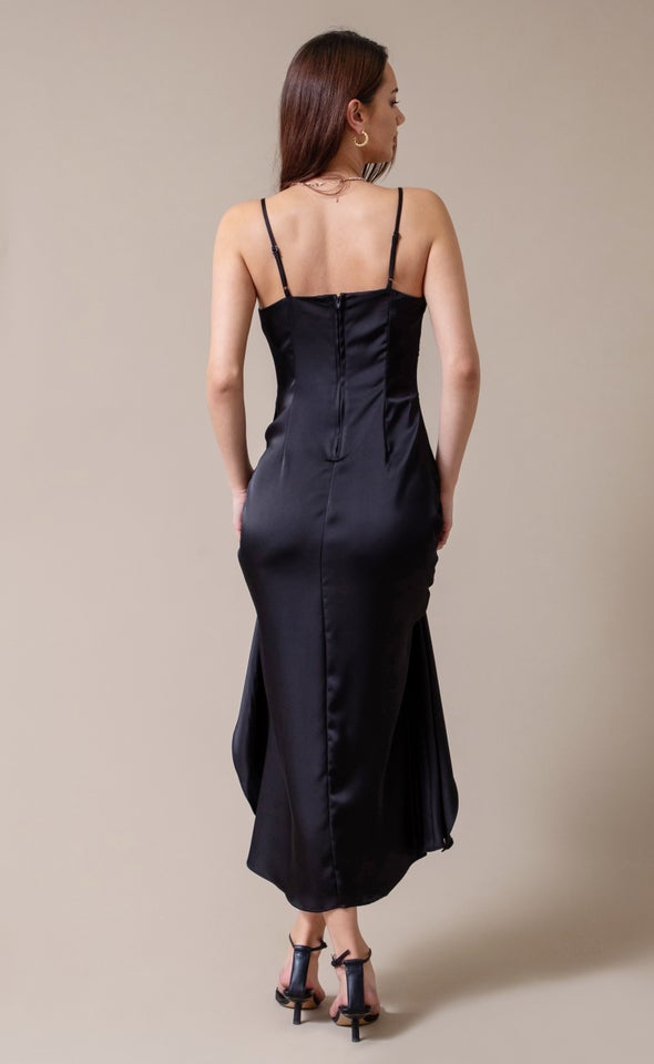 Satin Bias Pleat Detail Gown Black