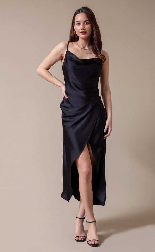 Satin Bias Pleat Detail Gown Black