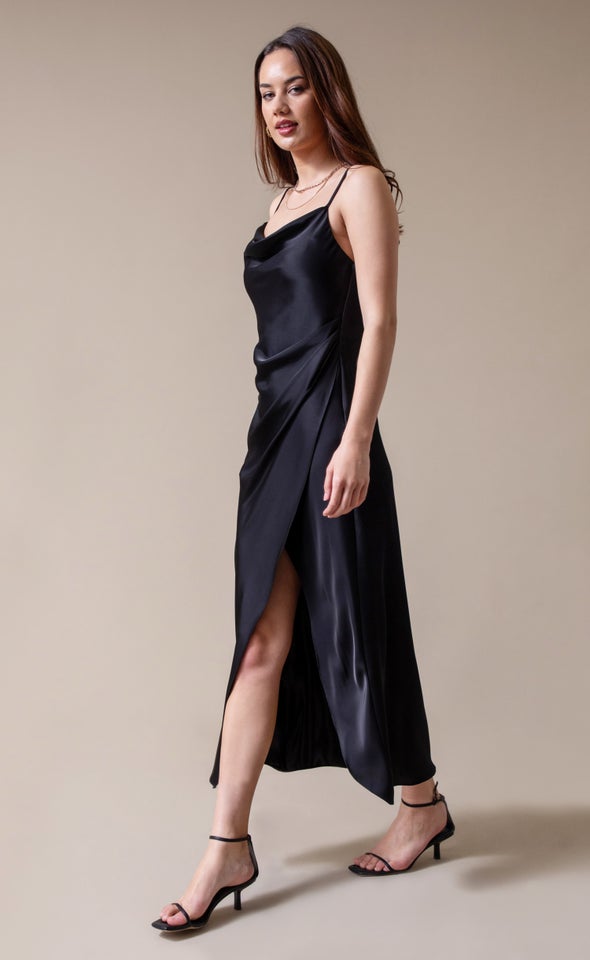 Satin Bias Pleat Detail Gown Black