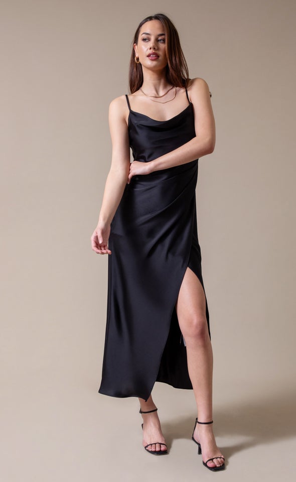 Satin Bias Pleat Detail Gown Black