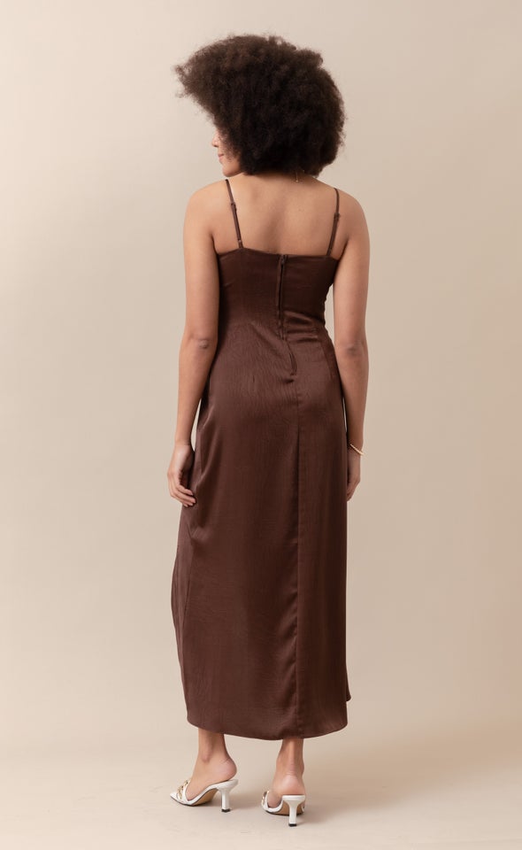 Satin Bias Pleat Detail Gown Chocolate