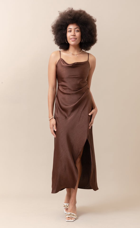 Satin Bias Pleat Detail Gown Chocolate