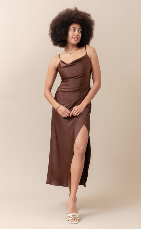 Satin Bias Pleat Detail Gown Chocolate