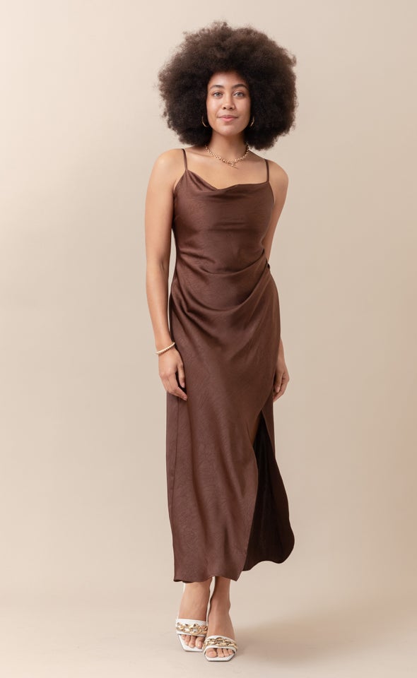 Satin Bias Pleat Detail Gown Chocolate