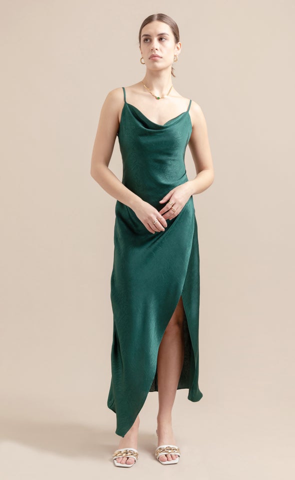 Satin Bias Pleat Detail Gown Emerald