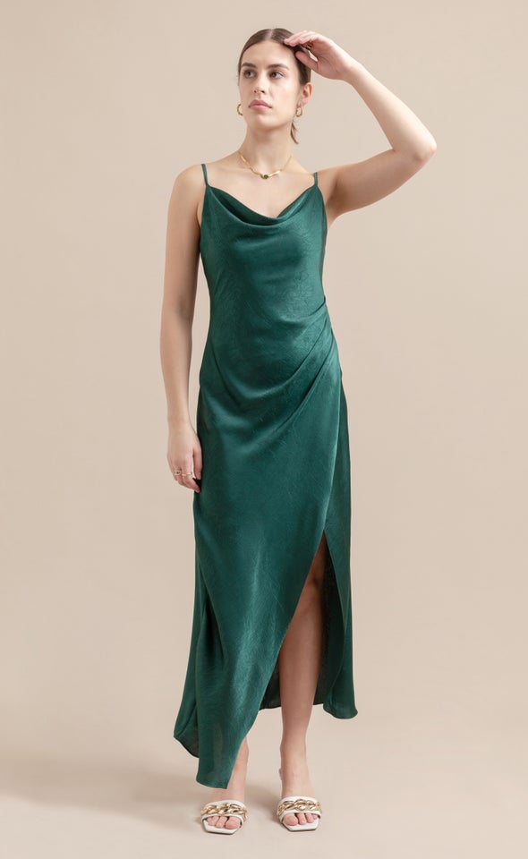 Satin Bias Pleat Detail Gown Emerald