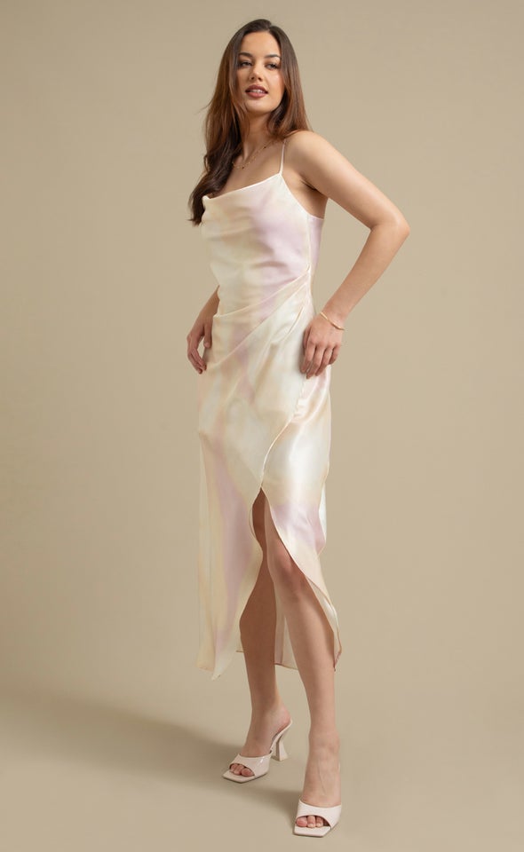 Satin Bias Pleat Detail Gown Metallic