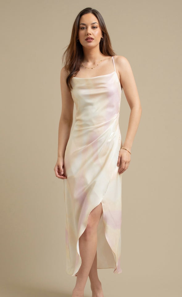 Satin Bias Pleat Detail Gown Metallic