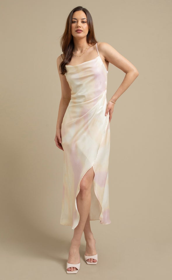 Satin Bias Pleat Detail Gown Metallic