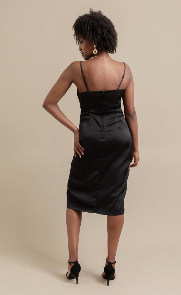 Satin Bias Split Detail Dress Black