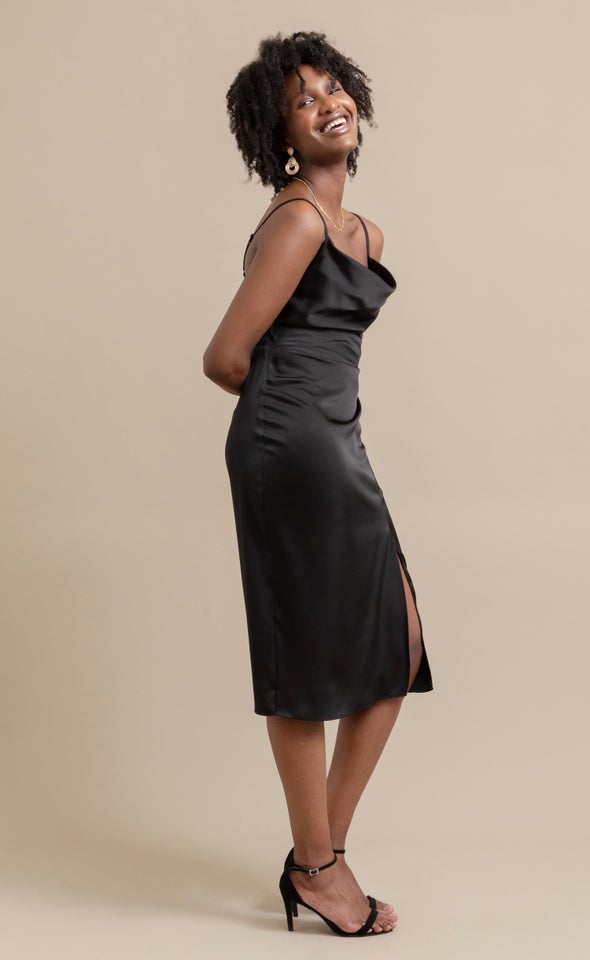 Satin Bias Split Detail Dress Black