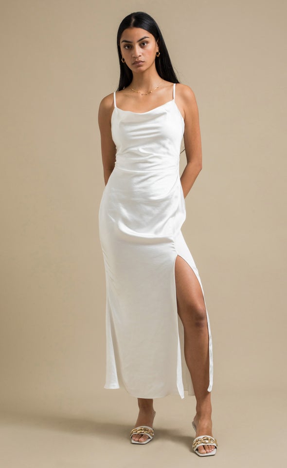 Satin Bias Split Detail Gown Cream