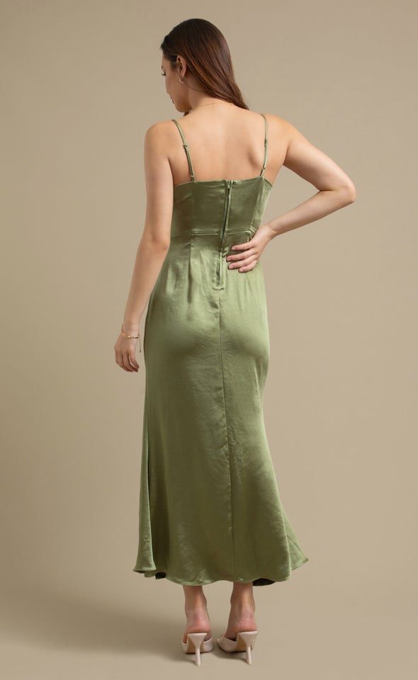 Satin Bias Split Detail Gown Sage