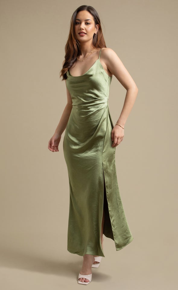 Satin Bias Split Detail Gown Sage